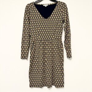 Boden Romilly Bird Print Dress Navy and Gold Women's size 4 Long Sleeve Pockets
